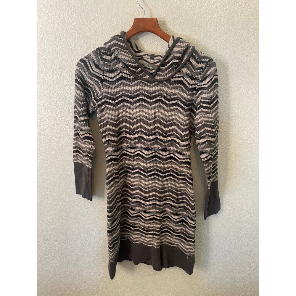 Prana Meryl Knit Hooded Sweater Dress Womens Size M Gray White Striped‎